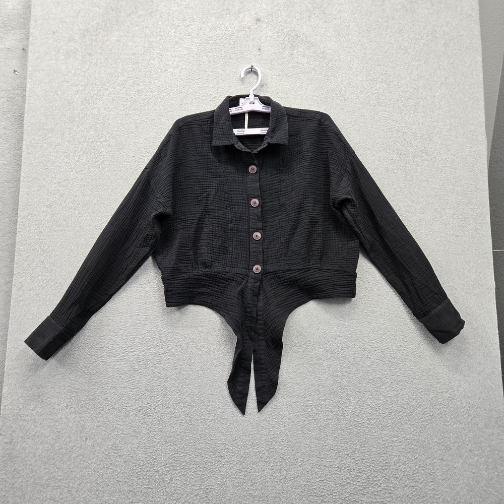 Free People Women Blouse M Black Sunstreaks Tie Front Button Down Cropped Collar